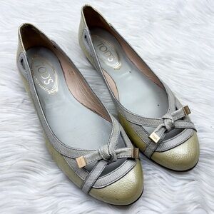 Tods Leather Bow Round Toe Ballet Ballerina Flat Cream Beige Yellow 37 US 7